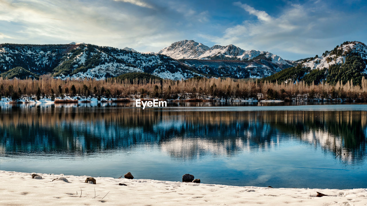 Scenic view of lake by snowcapped mountains against sky