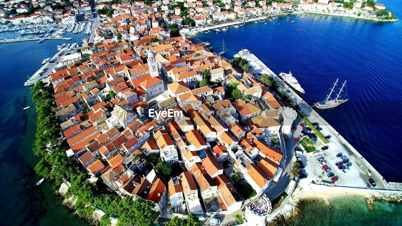 High angle shot of townscape by the sea