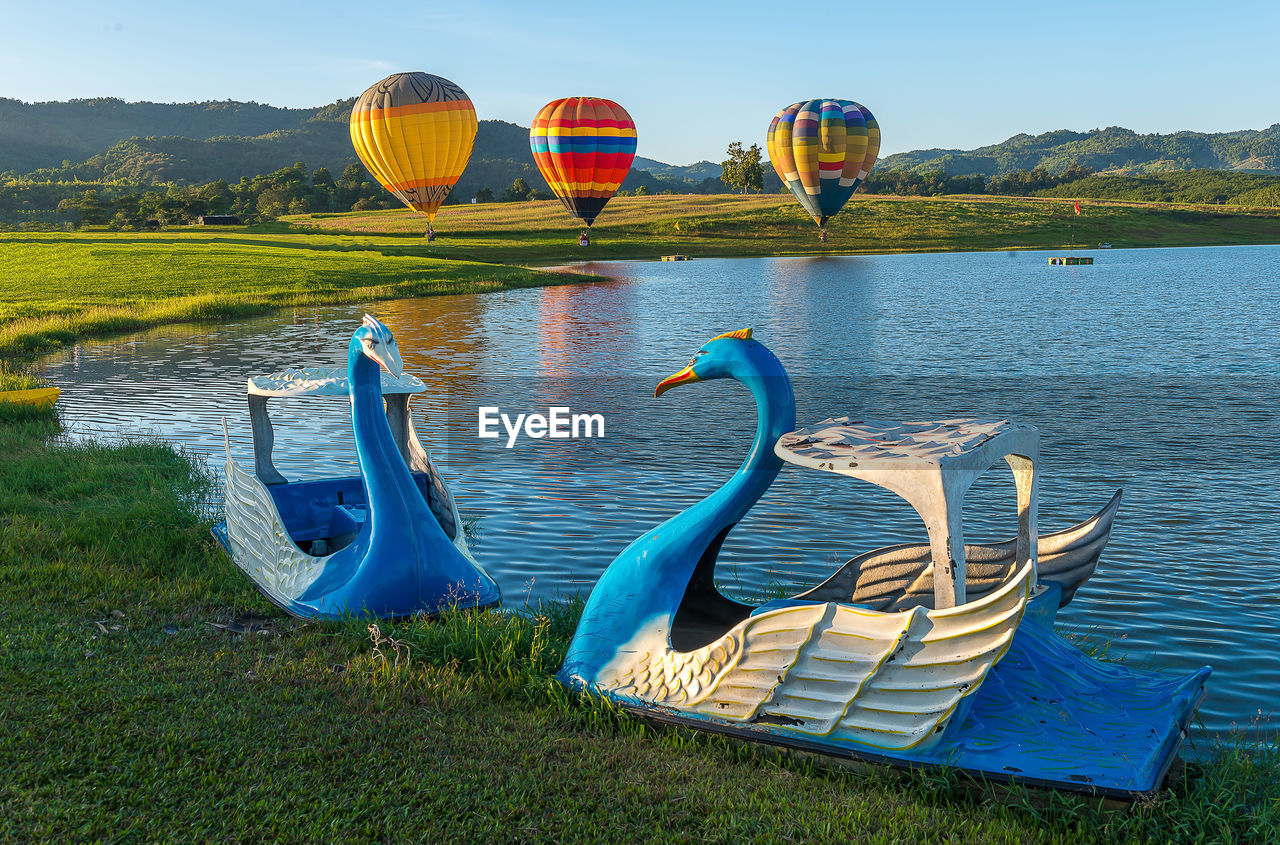 HOT AIR BALLOONS ON FIELD BY LAKE
