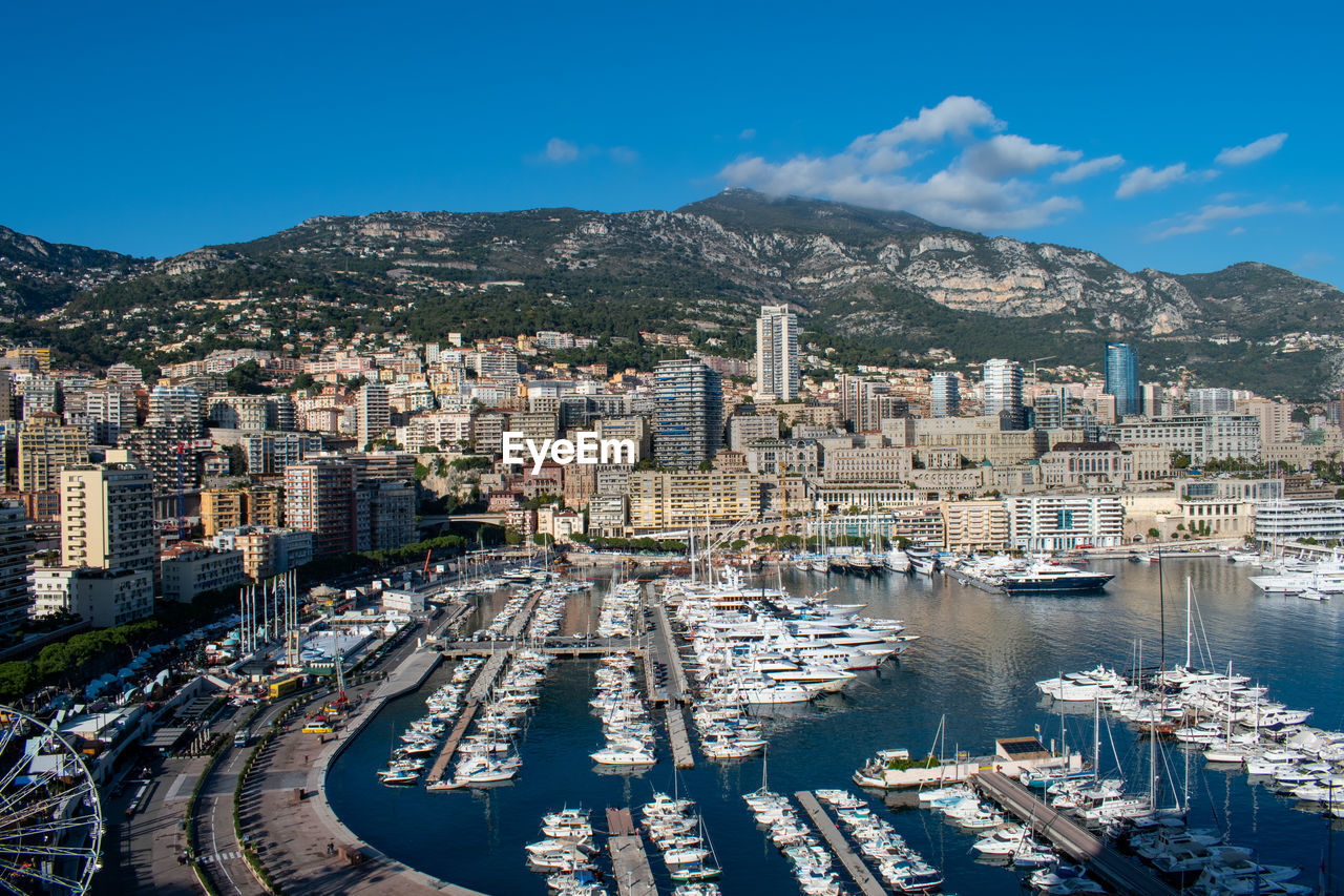 High angle view of city by sea against sky. monaco