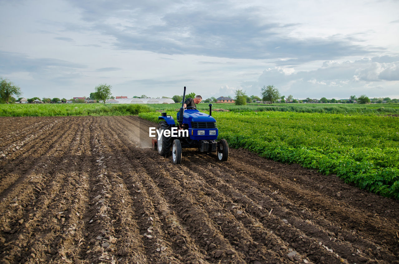 Farmer on tractor cultivates farm field. milling soil, crushing and loosening ground cutting rows