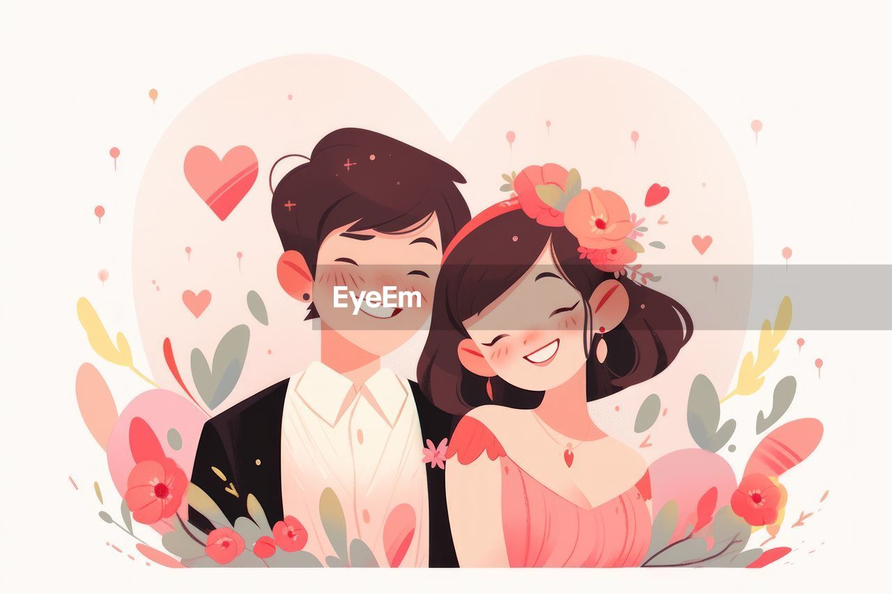 emotion, two people, smiling, adult, cartoon, happiness, positive emotion, women, love, cheerful, child, men, togetherness, human face, female, clothing, person, valentine's day, flower, childhood, young adult, friendship, cute, anime, portrait