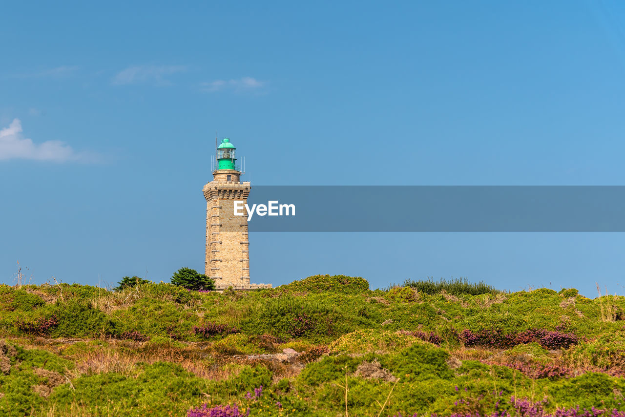 Lighthouse on cap frehel and the fields covered with violet flowers against blue sky on summer.