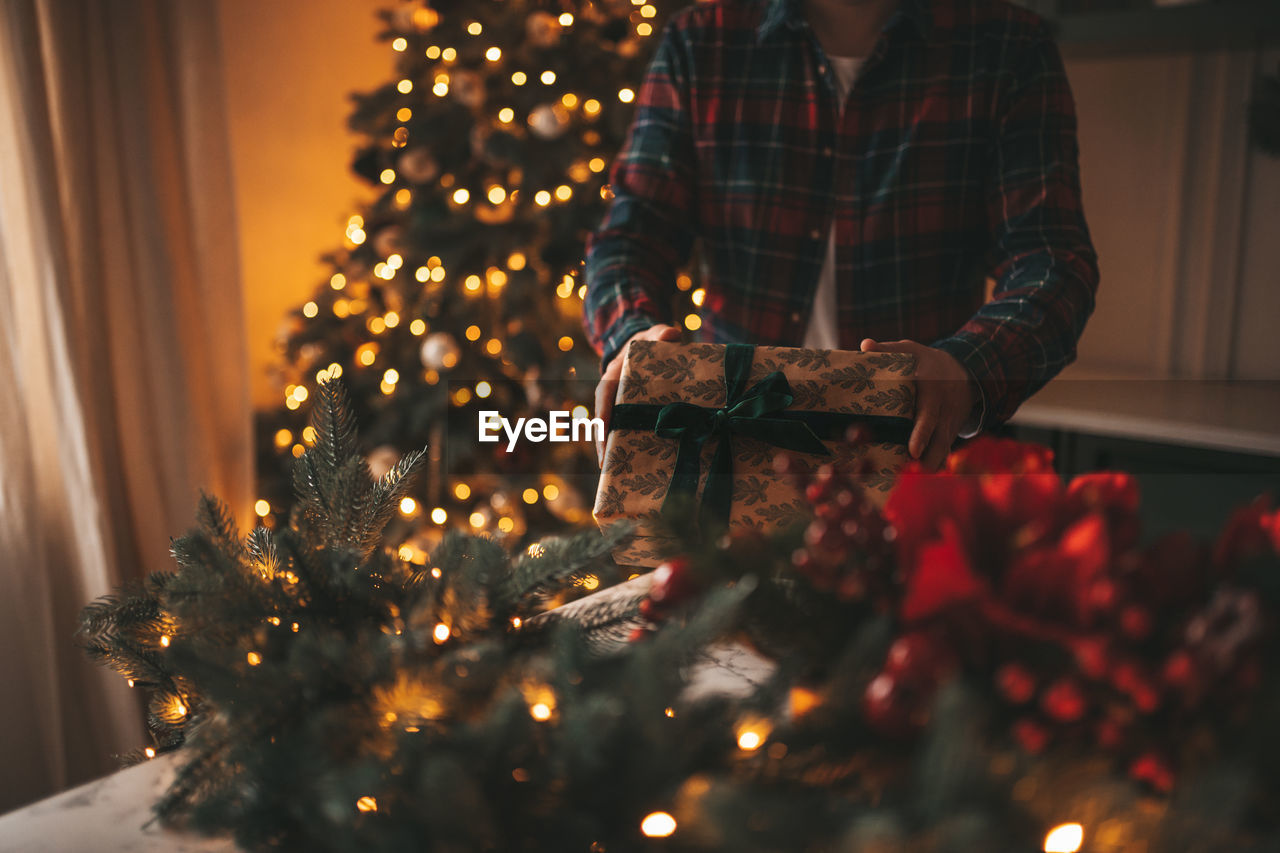 Illuminated christmas tree at home