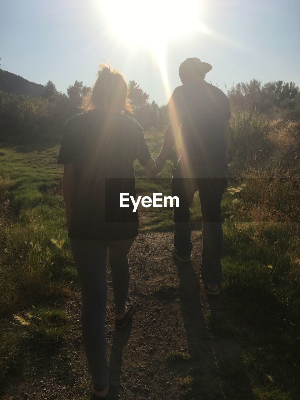 Rear view of couple walking on field against sky