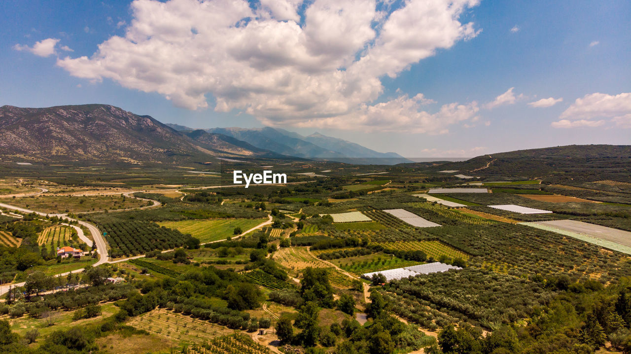 Aerial view of agricultural landscape against sky