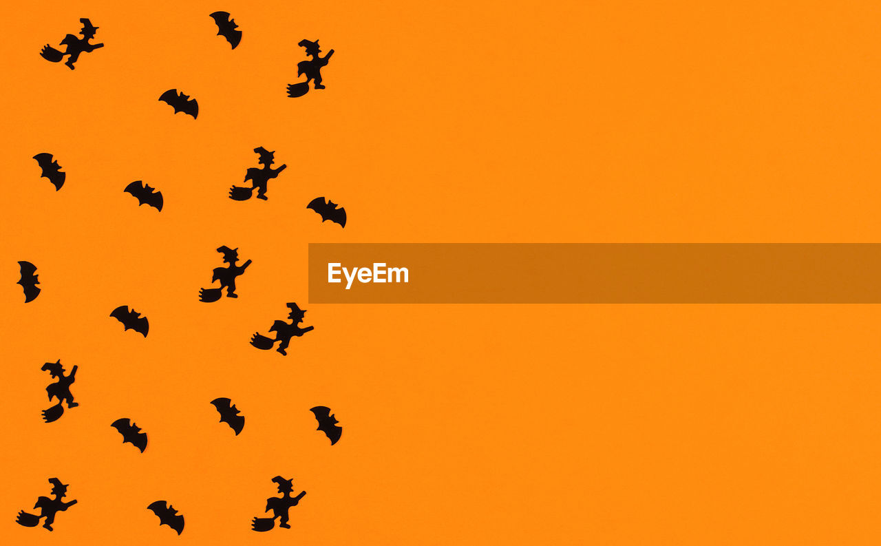 orange color, animal themes, animal, animal wildlife, flock, wildlife, group of animals, bird, silhouette, font, large group of animals, flying, nature, no people, sky, sunset, beauty in nature, yellow, mid-air