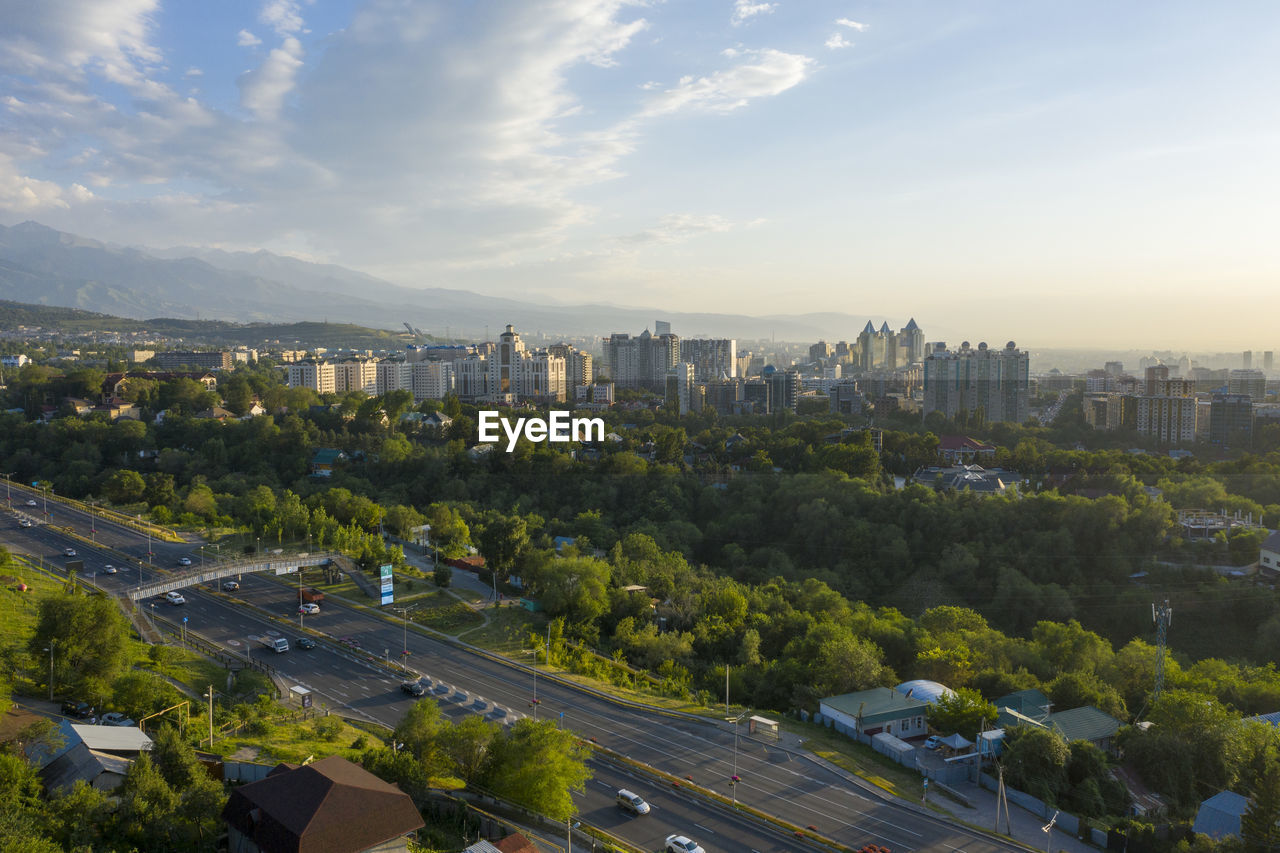 High angle view of buildings against sky