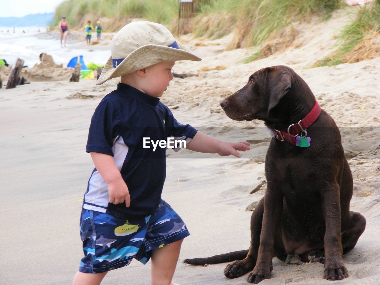 FULL LENGTH OF SHIRTLESS BOY SITTING AT BEACH