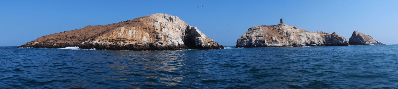 PANORAMIC VIEW OF ROCK FORMATION IN SEA AGAINST CLEAR SKY