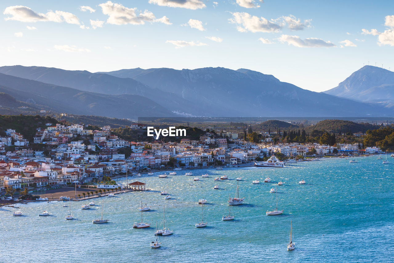 View of galatas village in peloponnese peninsula from poros island.