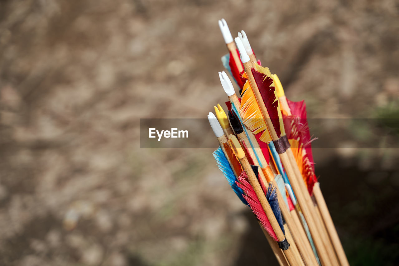 multi colored, bow and arrow, no people, focus on foreground, close-up, craft, creativity, nature, writing instrument, pencil, archery, variation, wood, outdoors, day, large group of objects
