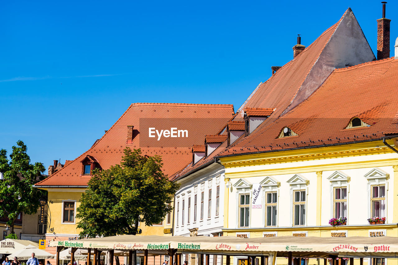 low angle view of building against clear blue sky