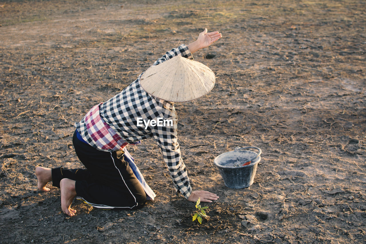 High angle view of man doing plantation on field