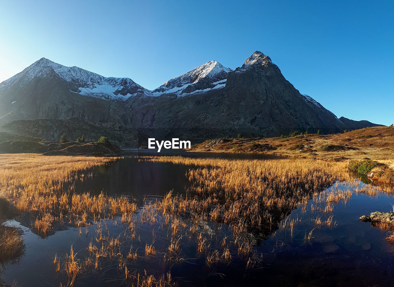 Scenic view of snowcapped mountains against clear sky