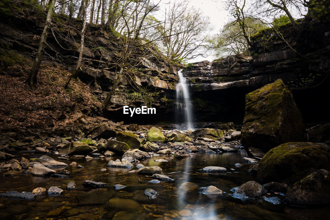 Scenic view of waterfall in forest against sky