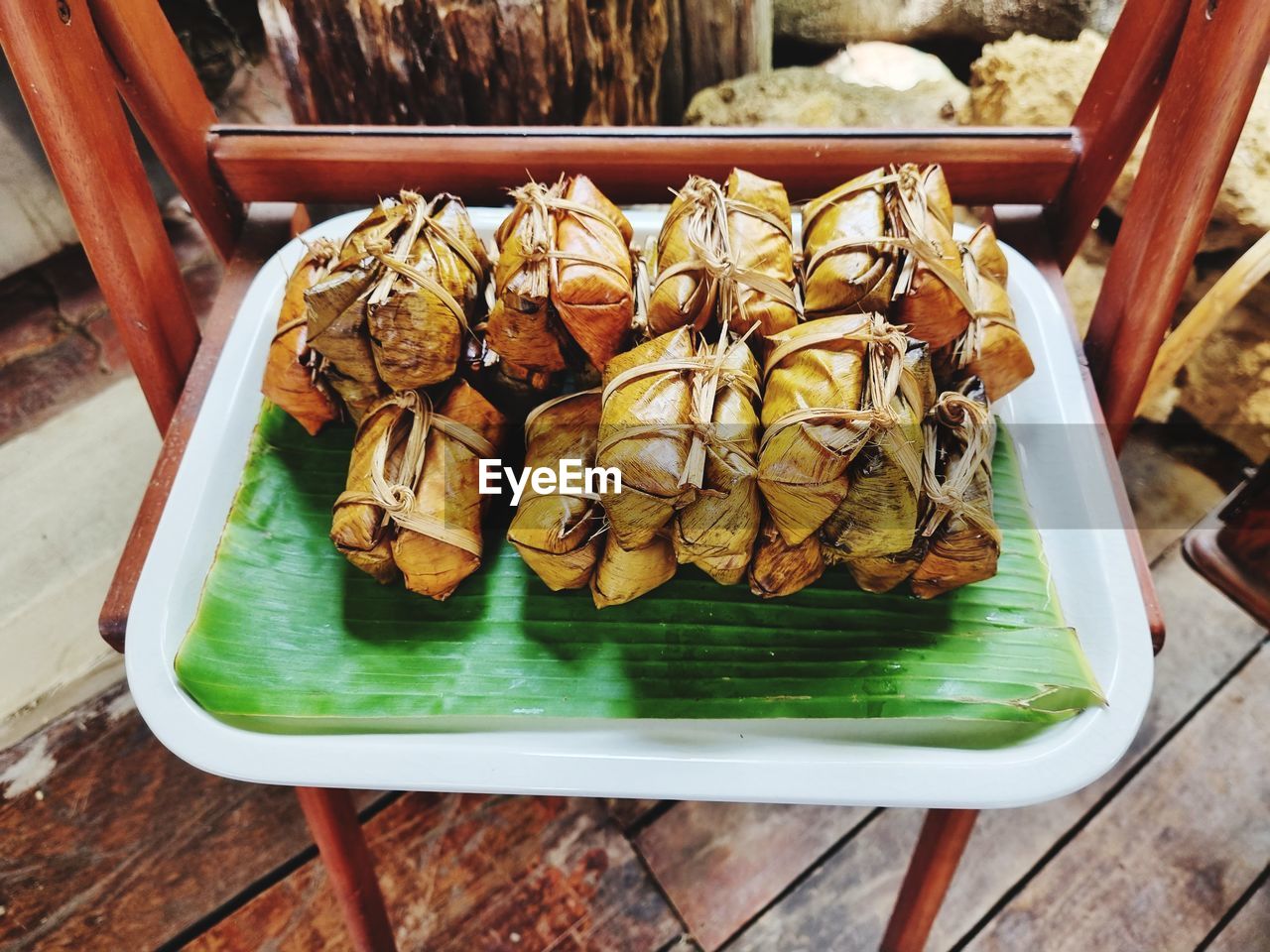 High angle view of thai dessert in plate on table