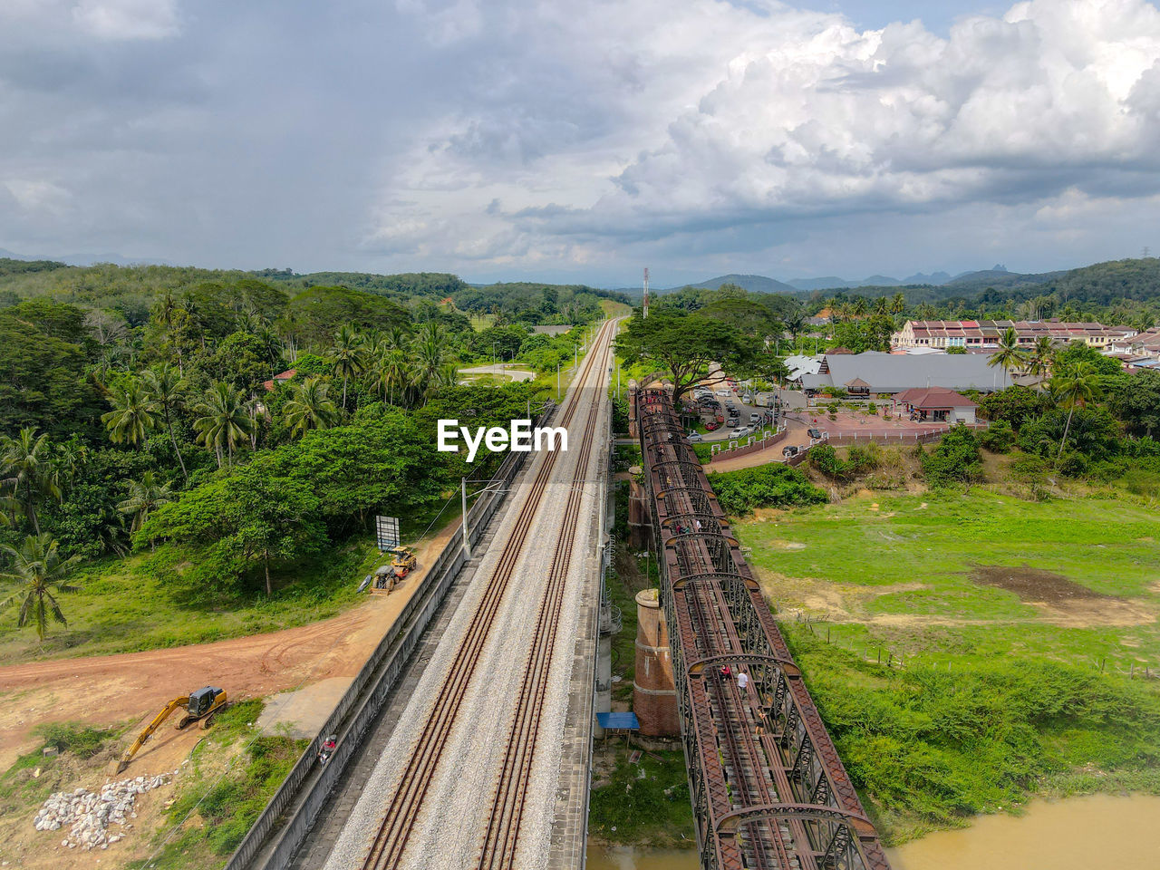 High angle view of railroad tracks against sky