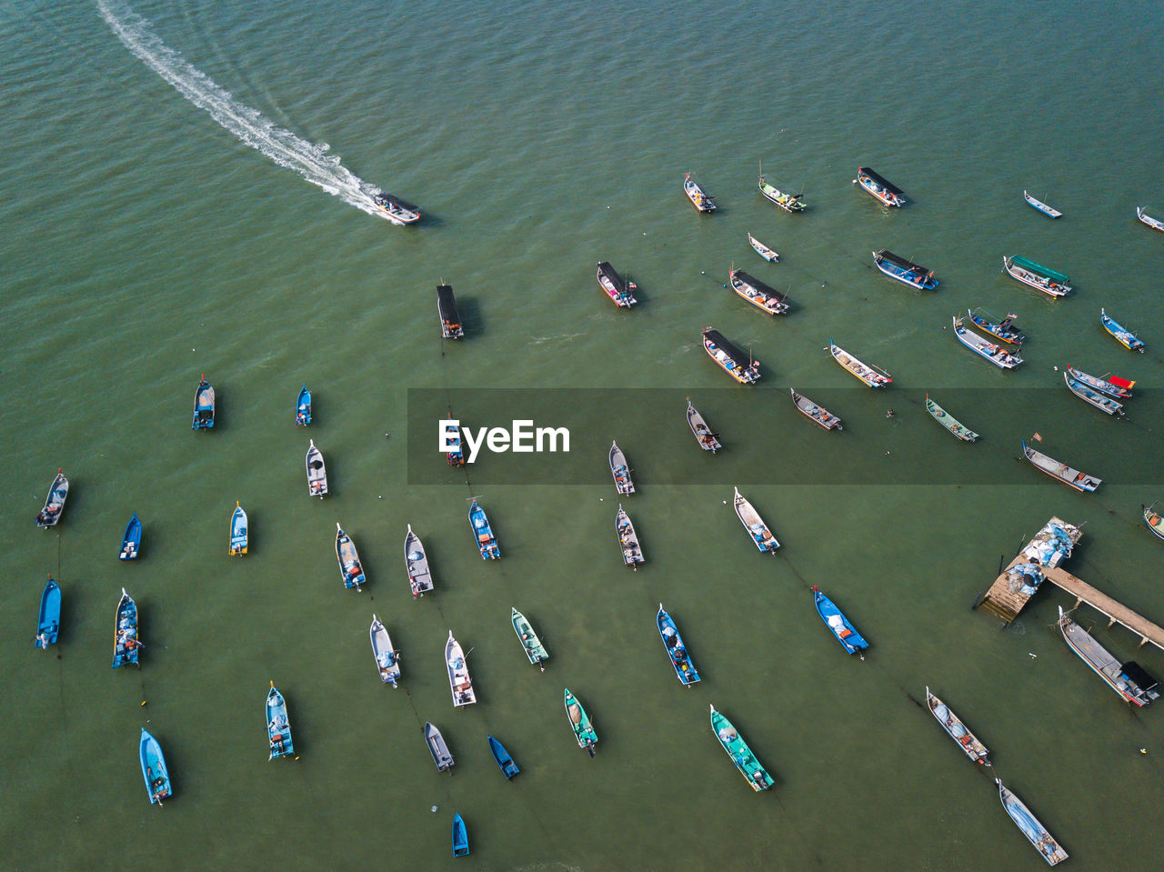 High angle view of boats moored on sea 
