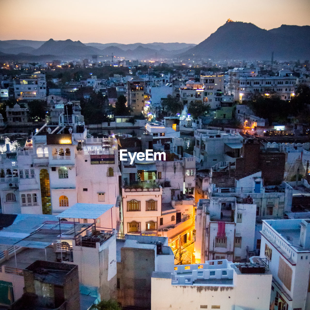 High angle view of illuminated city