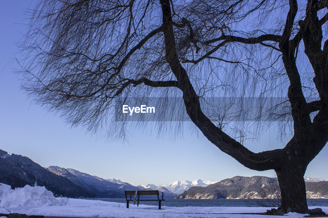 Scenic view of snowcapped mountains against clear sky