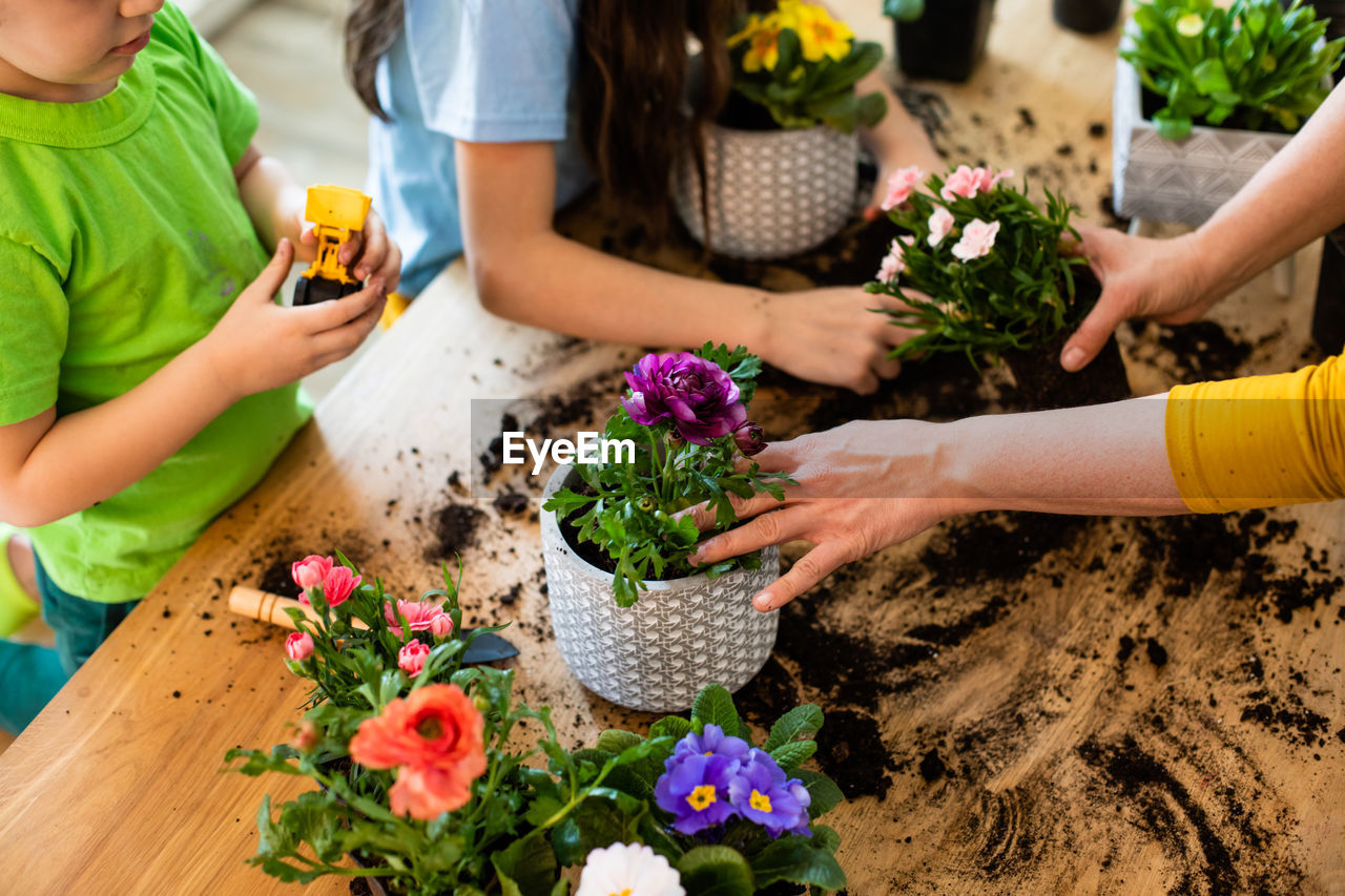 High angle view of people on table