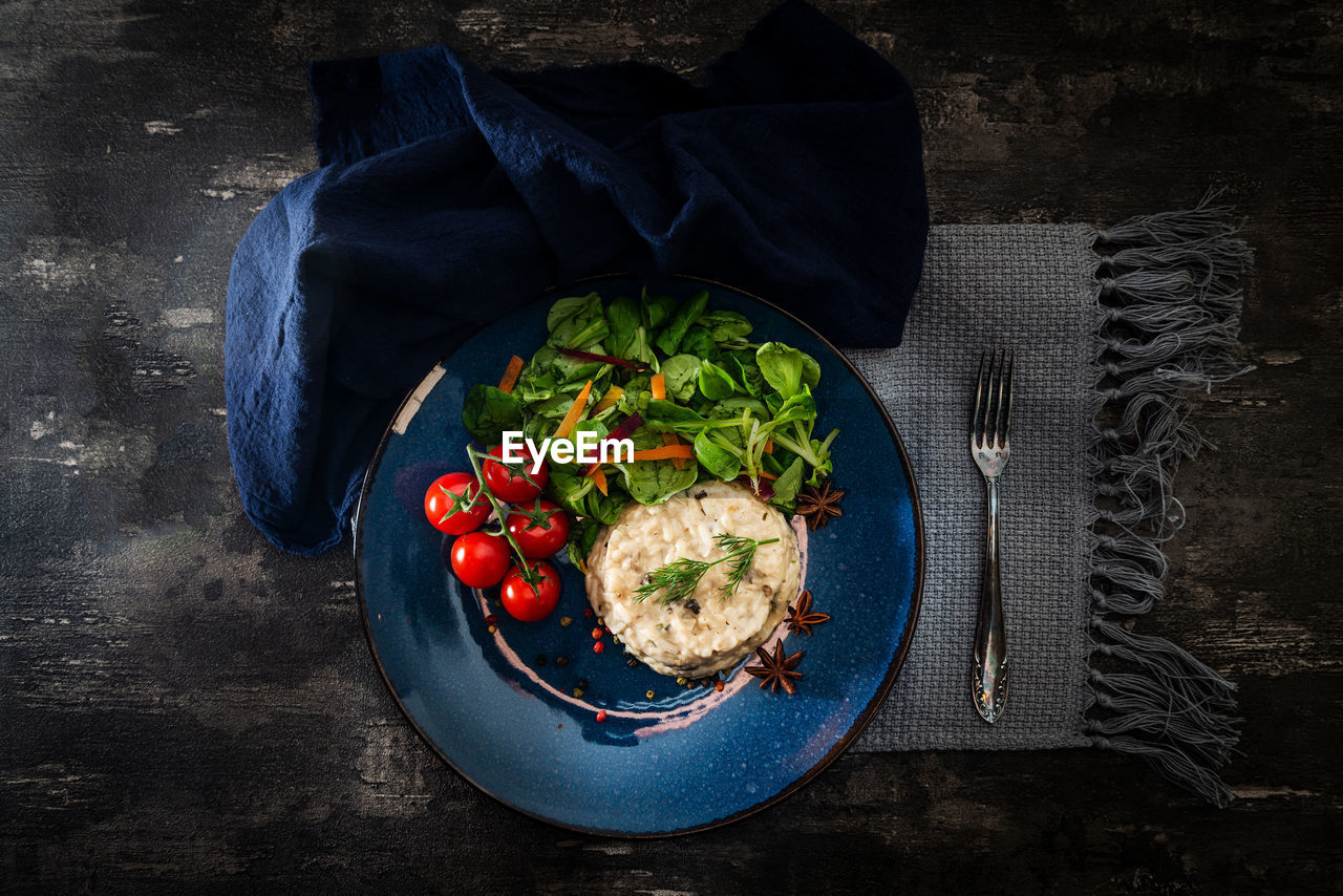 Directly above shot of food in plate on table