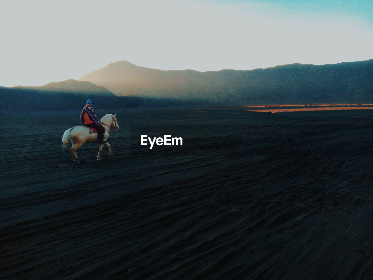 Man riding horse at beach 