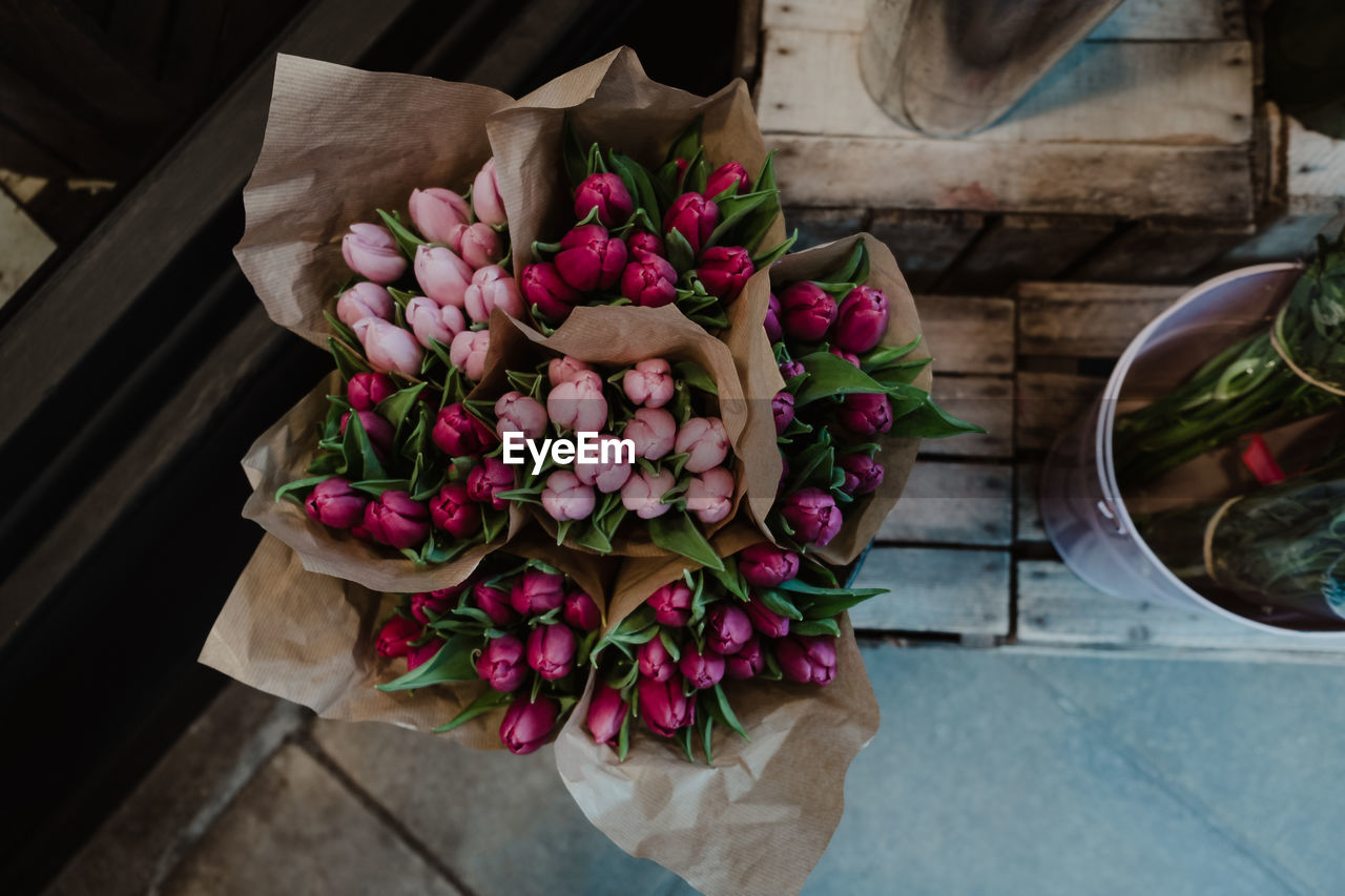 High angle view of flower bouquet in shop for sale