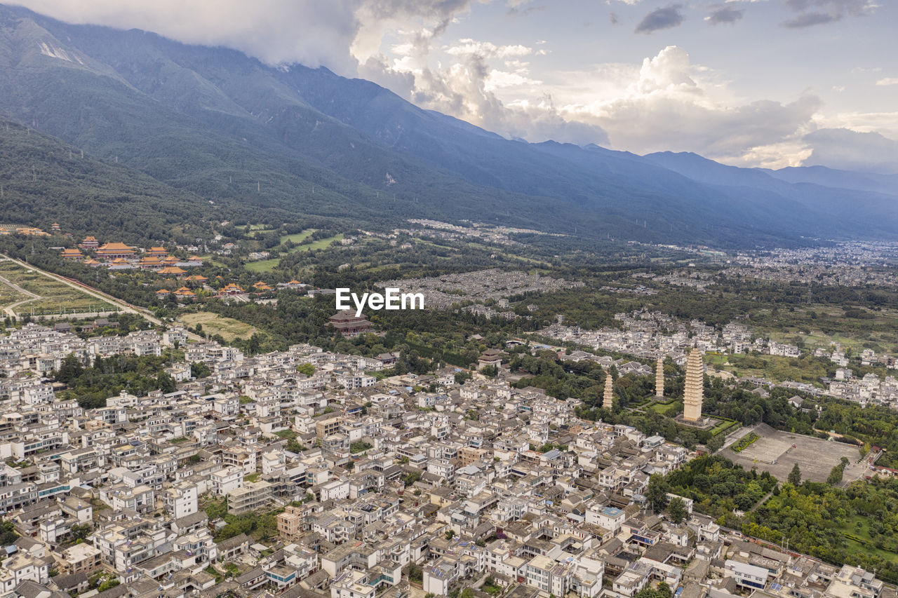 Aerial view of dali old town and three pagodas in dali, yunnan