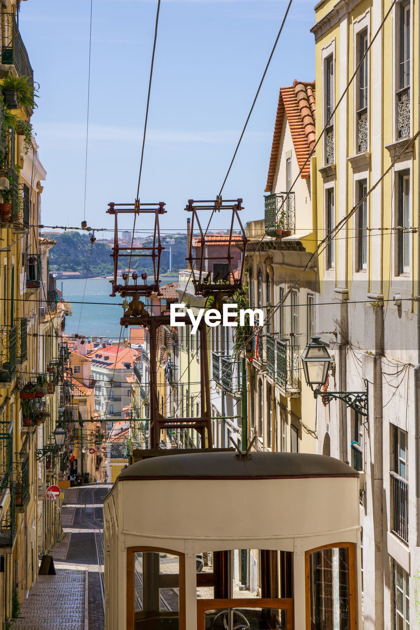Bright sunny street in the old center of lisbon with funicular. portugal