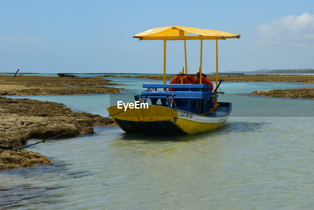 BOAT MOORED ON SHORE AGAINST SKY