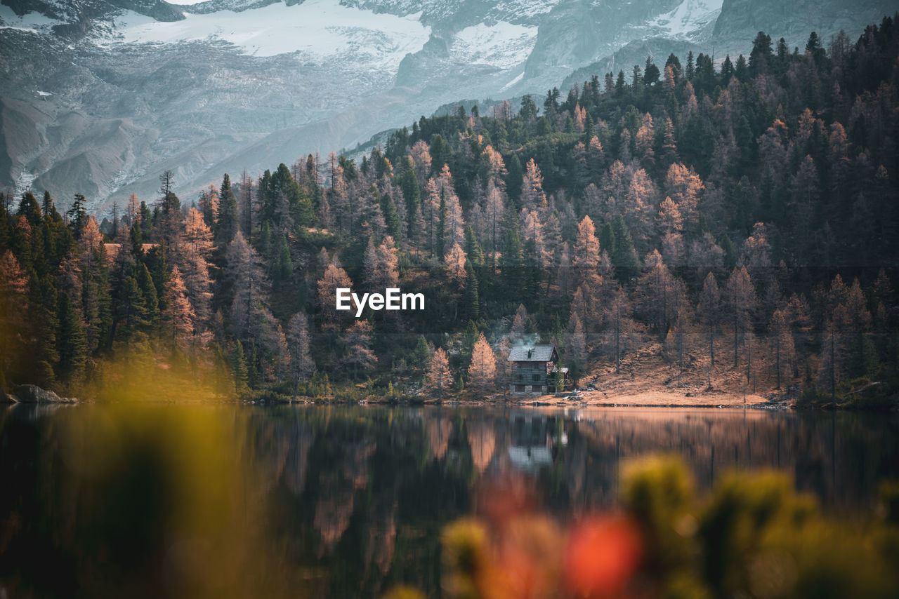 Cabin in the woods at mountain lake reedsee in the austrian alps in gastein in  moody fall colors