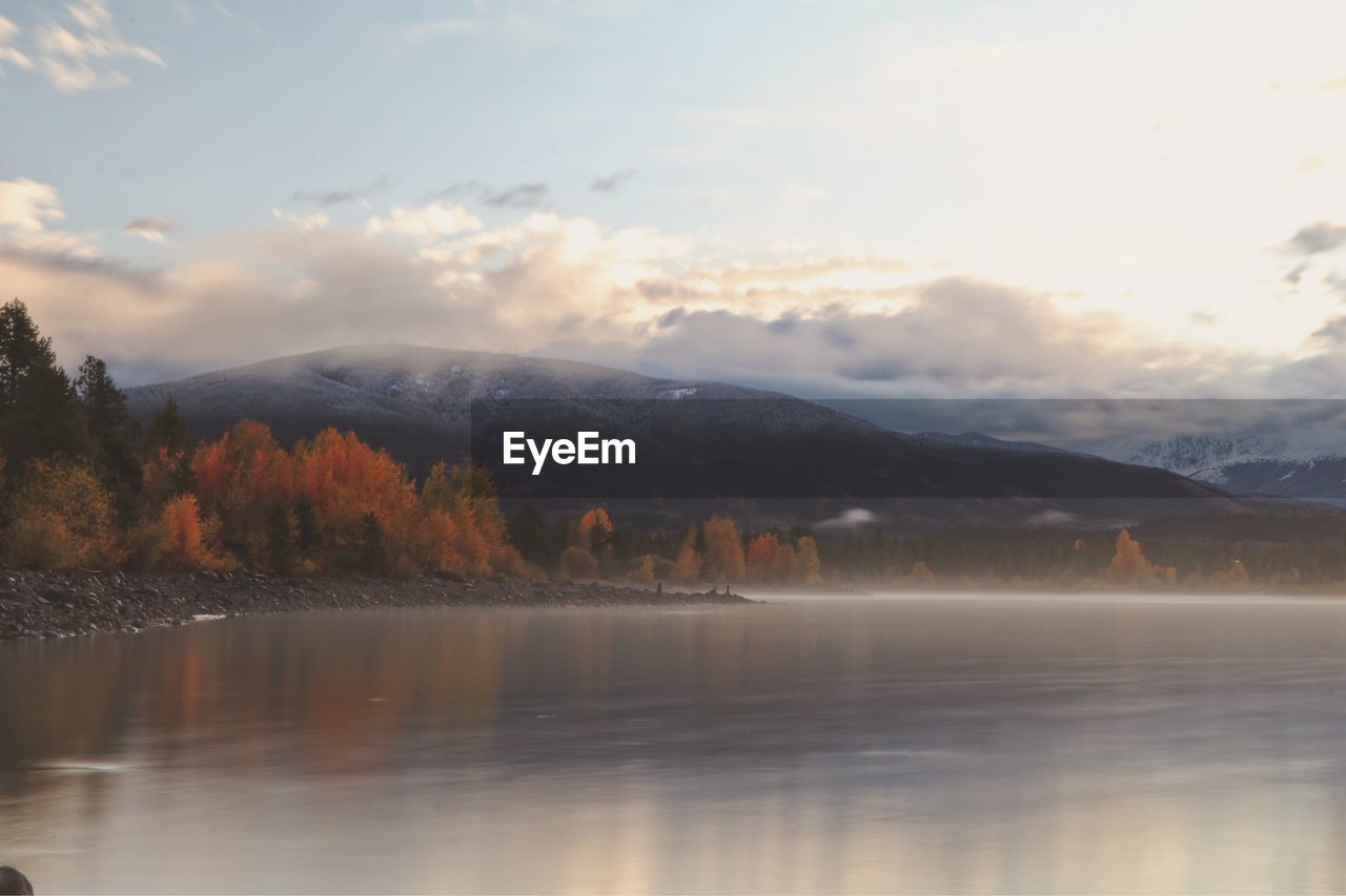 SCENIC VIEW OF LAKE AGAINST SKY DURING SUNSET