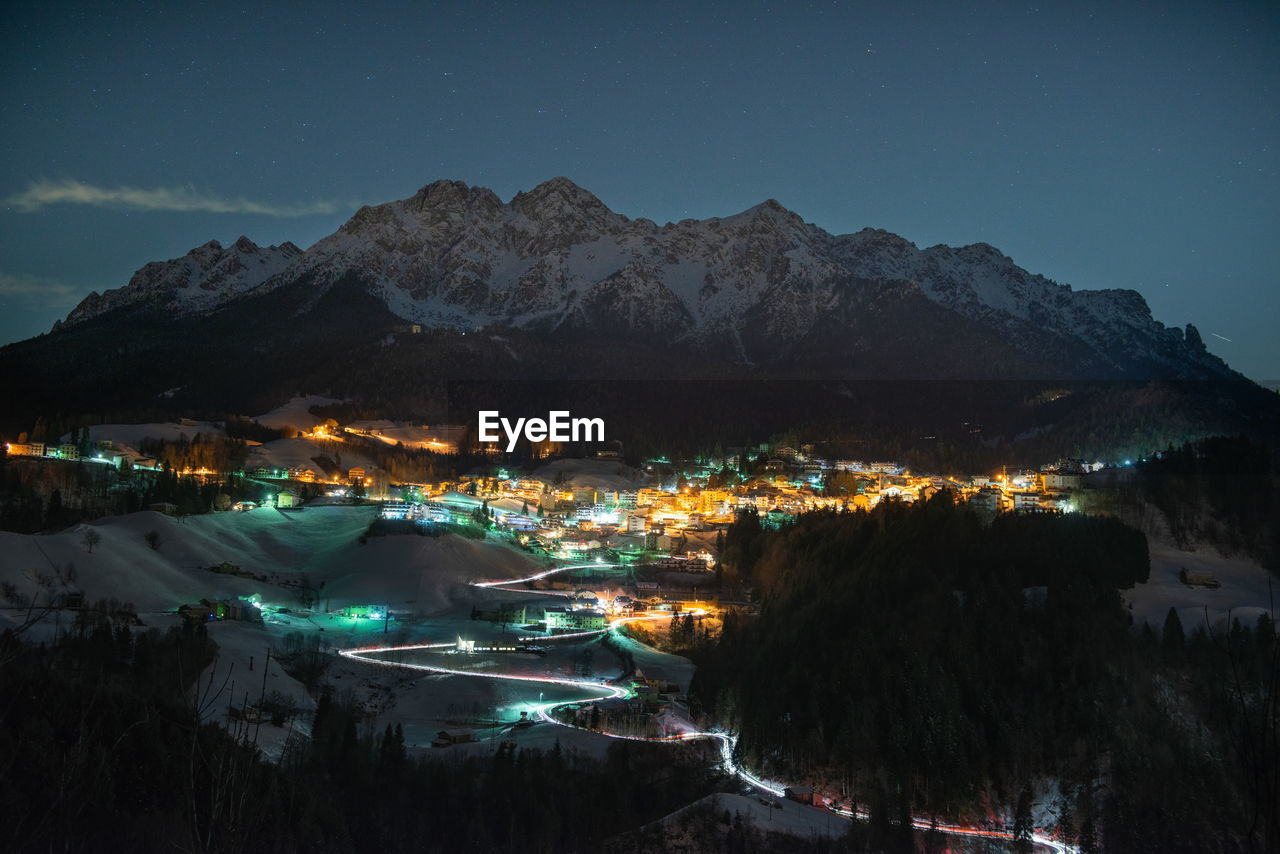 High angle view of city at night