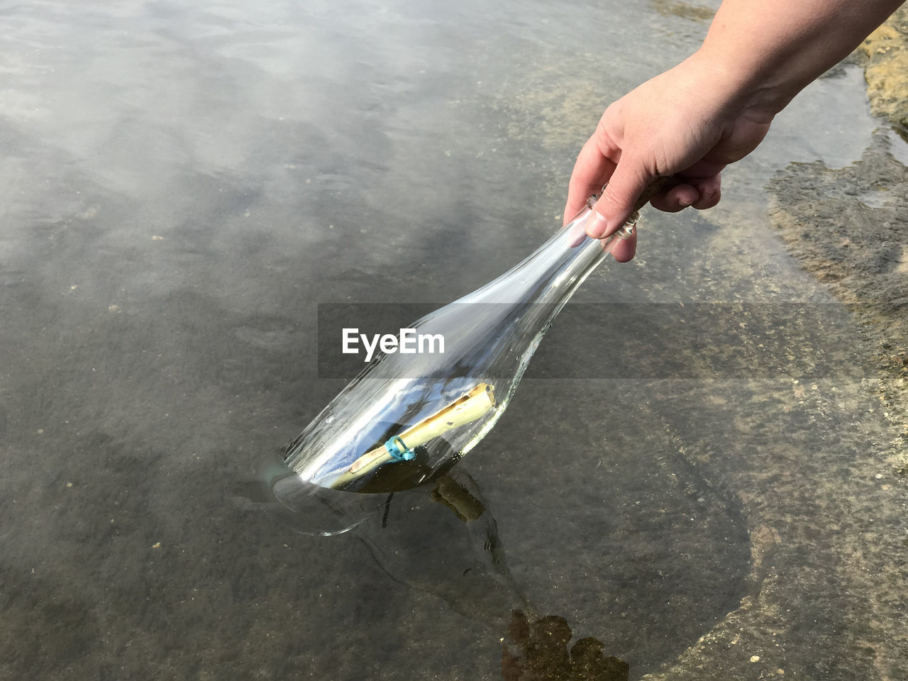 Cropped hand holding bottle in water