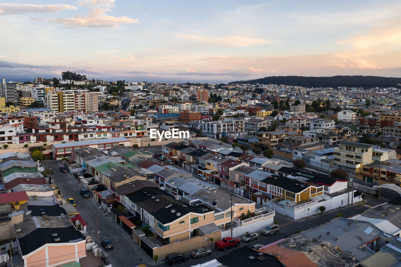 High angle view of townscape against sky during sunset