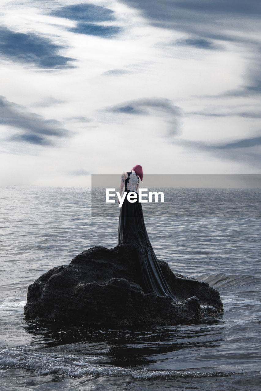 VIEW OF BIRD ON ROCK BY SEA