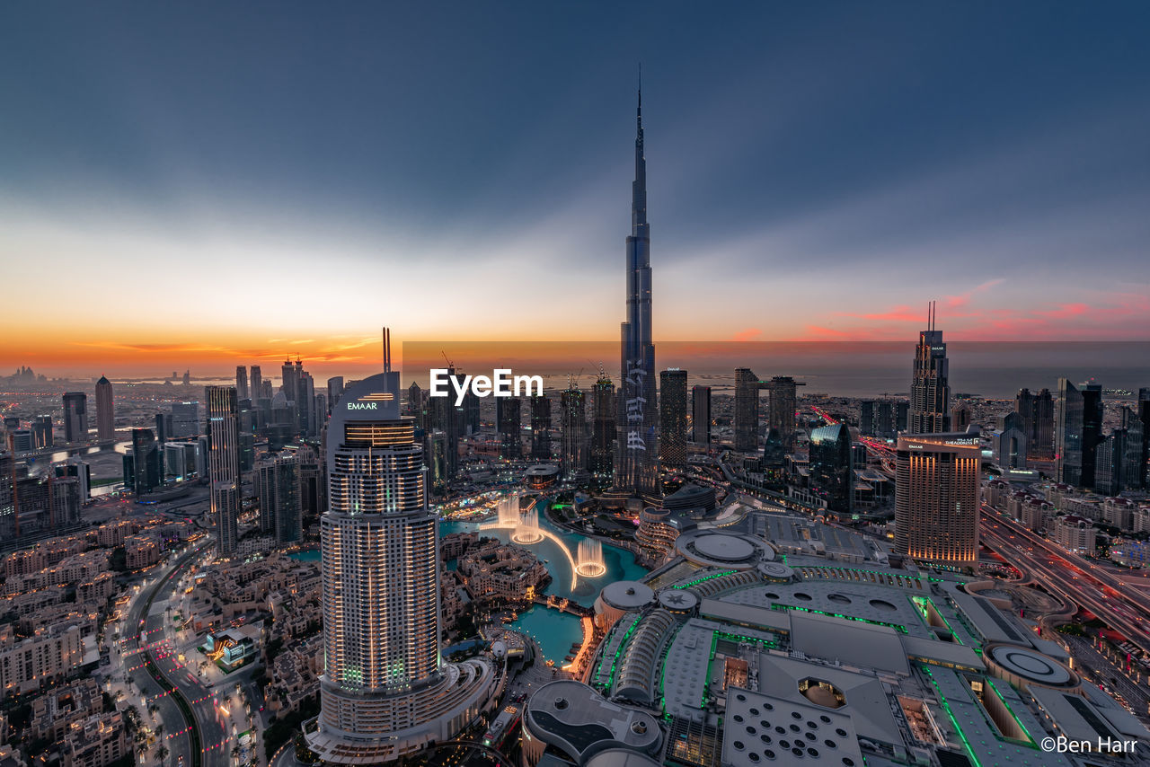 AERIAL VIEW OF CITY AT SUNSET