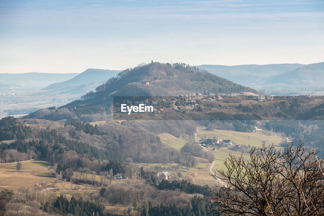 High angle view of landscape and mountains against sky