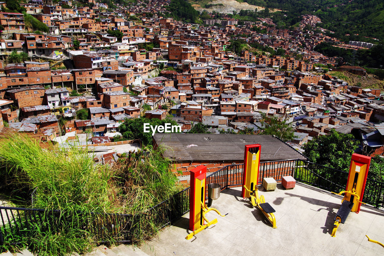 High angle view of buildings in town