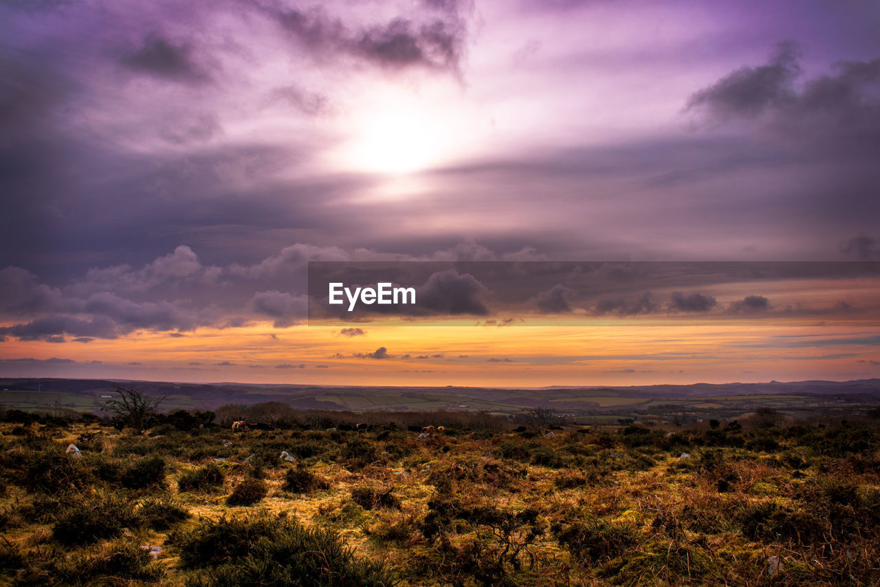 Scenic view of dramatic sky over land during sunset