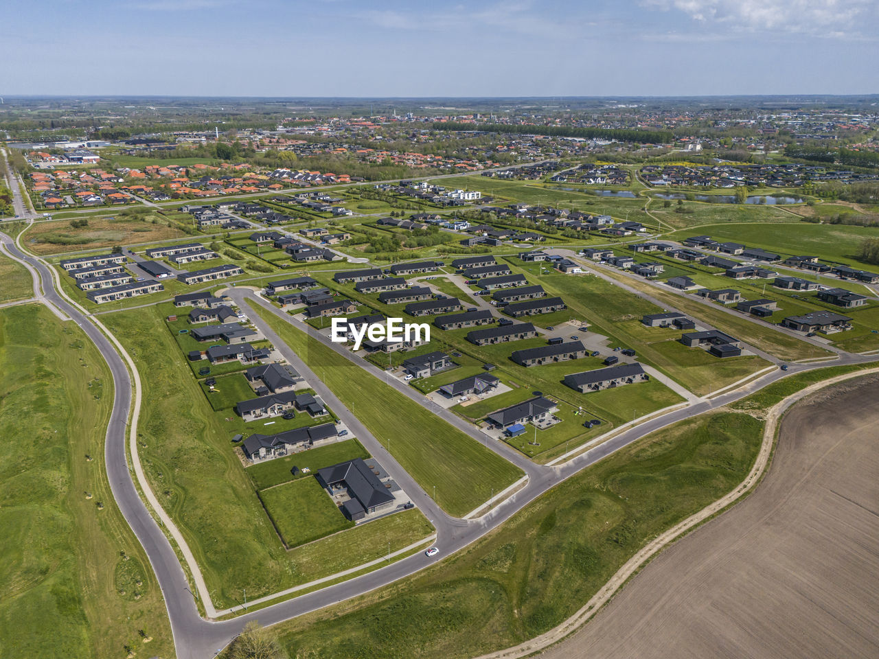 Aerial photo of residential area in fonnesbaek, ikast, denmark