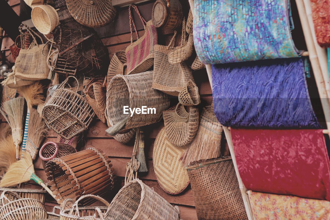 Full frame shot of woven baskets for sale in market