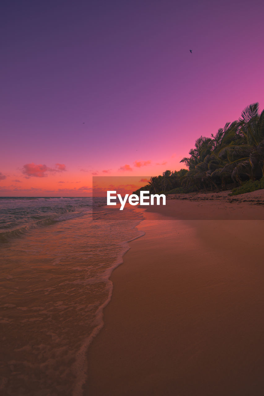 Scenic view of beach against sky during sunset