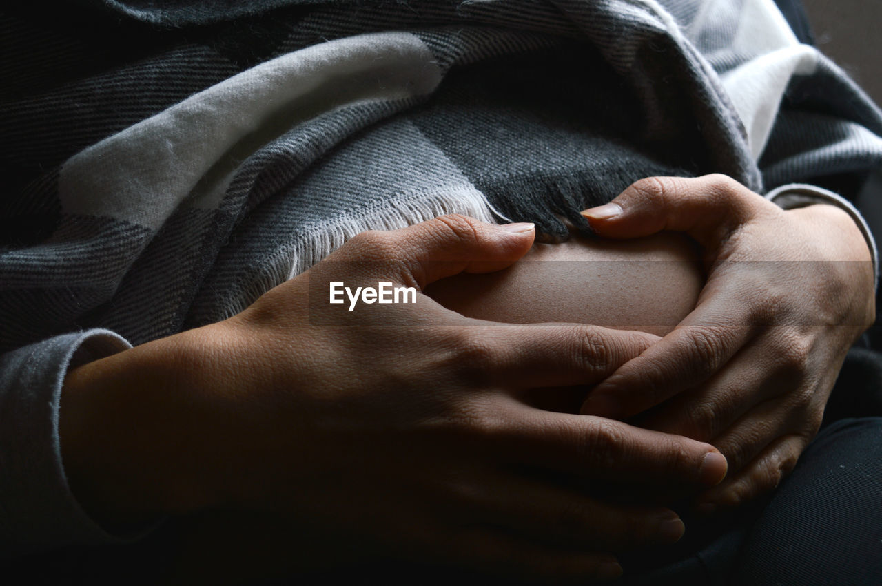Midsection of pregnant woman holding stomach at home