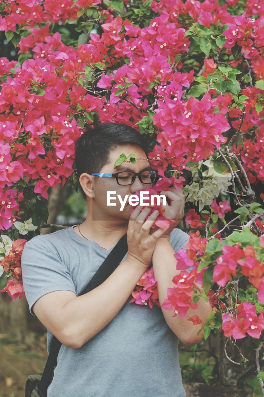 Young man smelling pink flowering plants