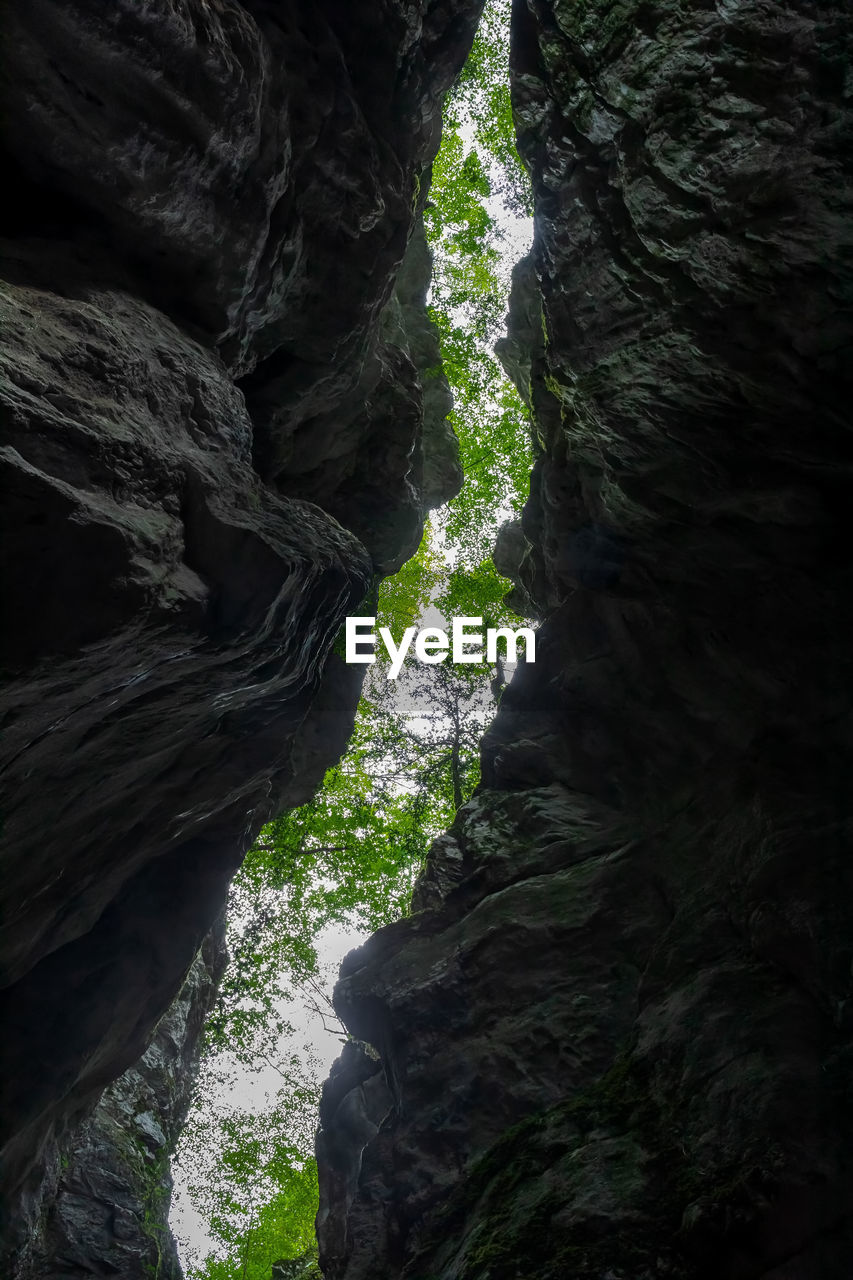 LOW ANGLE VIEW OF WATERFALL AMIDST ROCKS