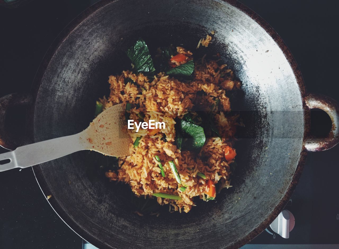 Directly above view of food in container on table