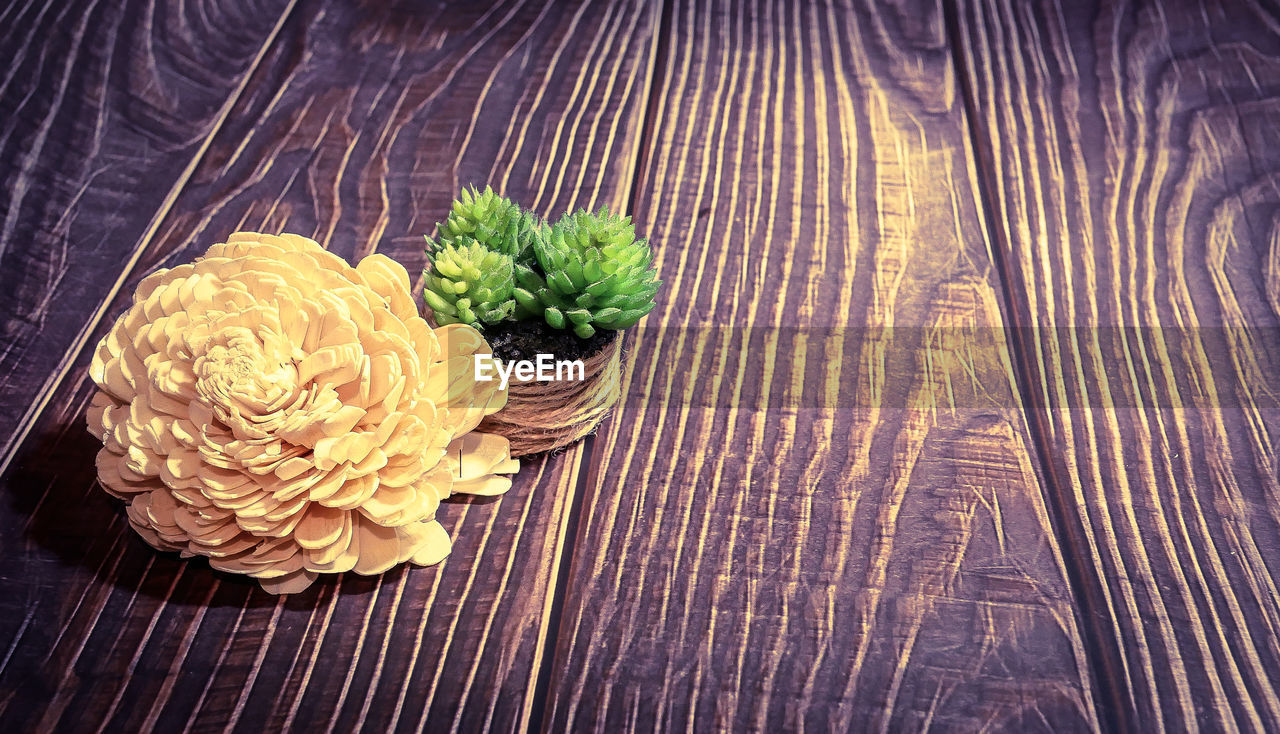 HIGH ANGLE VIEW OF VEGETABLES ON WOODEN TABLE